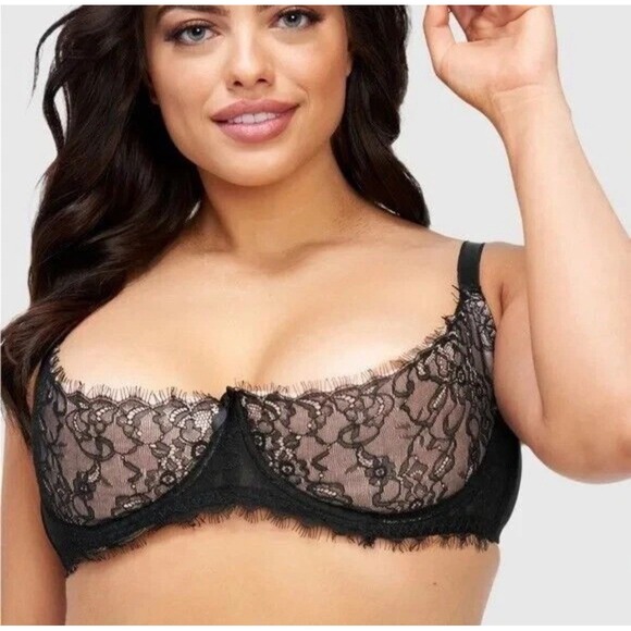 FREDERICK'S OF HOLLYWOOD Mindy Open Lace Trim Bra Size 32F NEW Black Lingerie - Picture 1 of 7